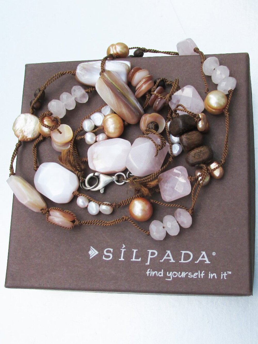 Retired SILPADA Quartz Pearl Wood Bead Brown Silk Long Necklace N1428